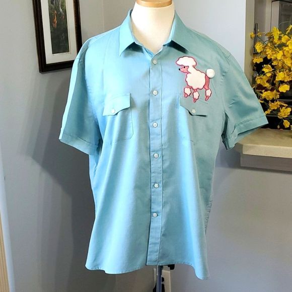 Perry Ellis Tops - PERRY ELLIS, Button down shirt. Sz XL. Pink & white poodle 🐩